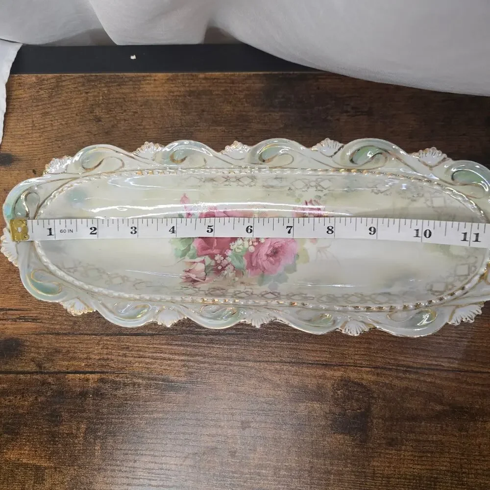 Vintage Floral Celery/Relish Dish Pink Flowers Green Ribbon Gold Trim